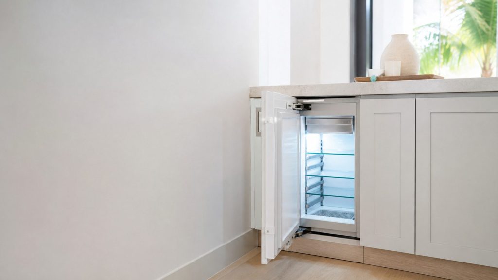 The open door of a small refrigerated cabinet seen from the side against pale cabinetry, empty glass shelves catching cool light, the left half of the frame plain wall.