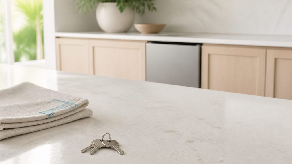 A pale stone counter photographed close and low with a folded cloth and a set of keys on it, the light cabinet run soft behind, most of the frame quiet empty surface.