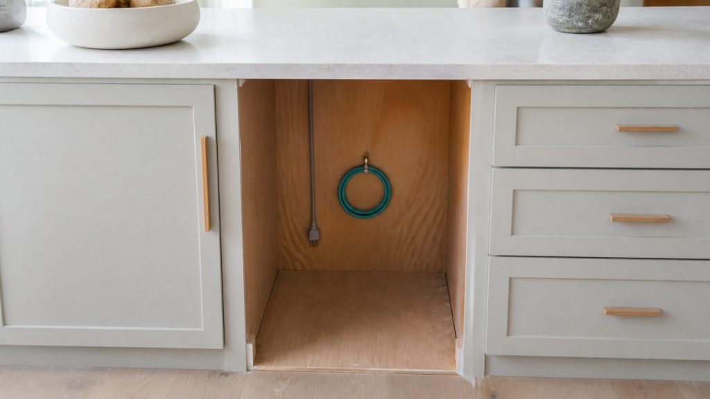 An empty rectangular cabinet opening under a pale stone worktop where a built-under appliance has been taken out, the bare plywood sides and the coiled water line and power lead waiting at the back, daylight from the room.