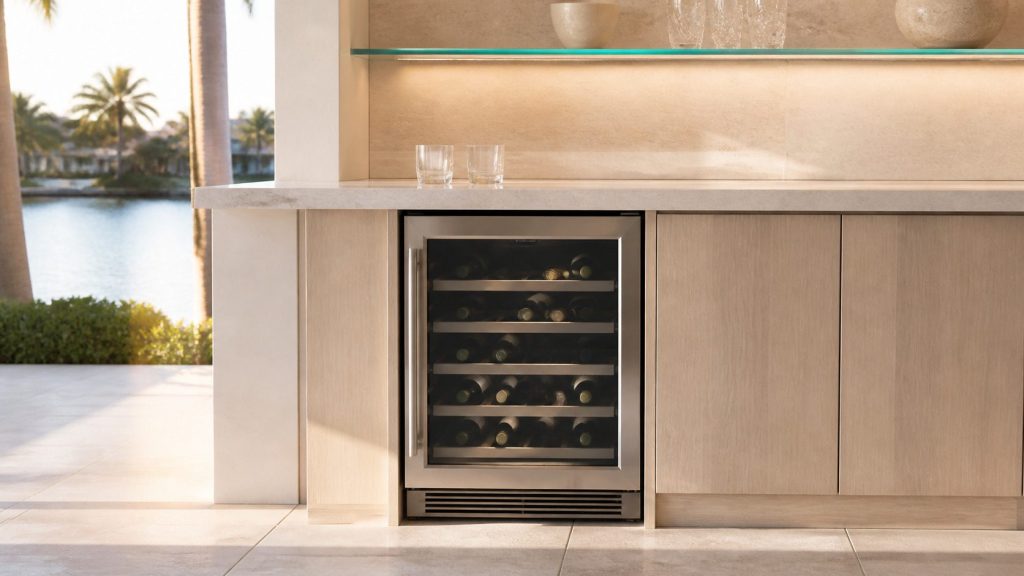 A home bar counter in pale stone with two empty glasses on it and a built-under glass-fronted refrigerated cabinet below holding bottles on their sides, warm evening light from the left, turquoise glass shelf edge glinting.