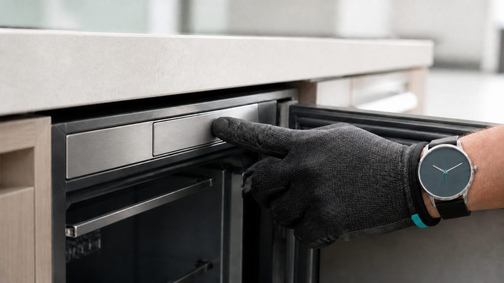 A gloved fingertip held down on one unmarked key of a blank brushed control strip inside an appliance door, a wristwatch just in frame showing the seconds hand, no characters anywhere, close and shallow.