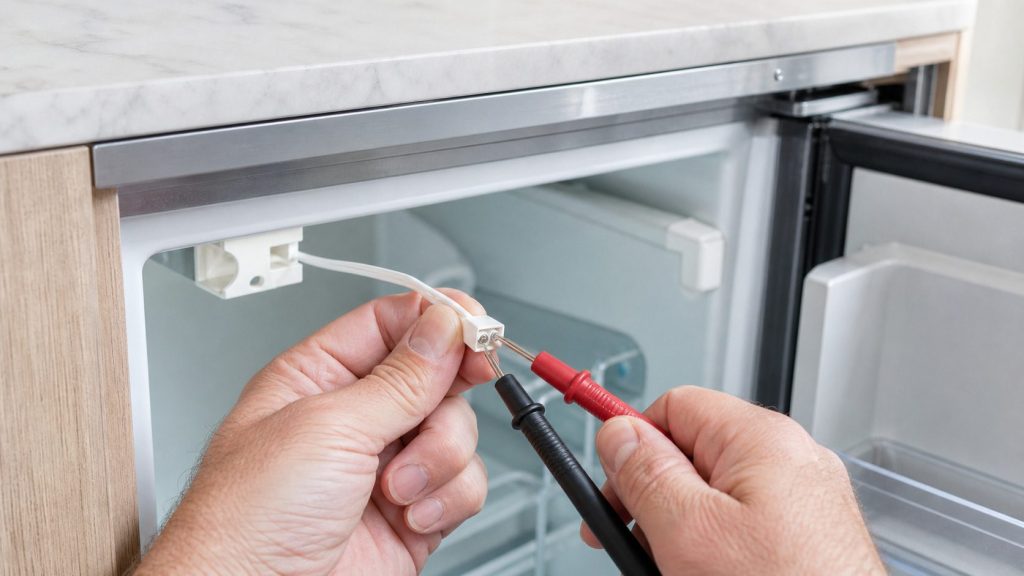 A small white thermistor on its two-wire lead drawn out of its bracket on the pale interior wall of a refrigerated cabinet, held between finger and thumb, two meter probes touching its terminals, cold interior light.