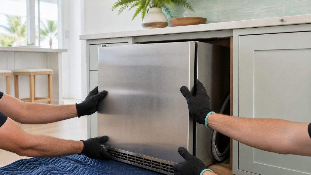 Two pairs of gloved hands easing a stainless built-under cabinet forward out of its opening under a pale stone worktop, a moving blanket on the floor beneath it, the bare plywood sides of the opening and the coiled water line visible behind.