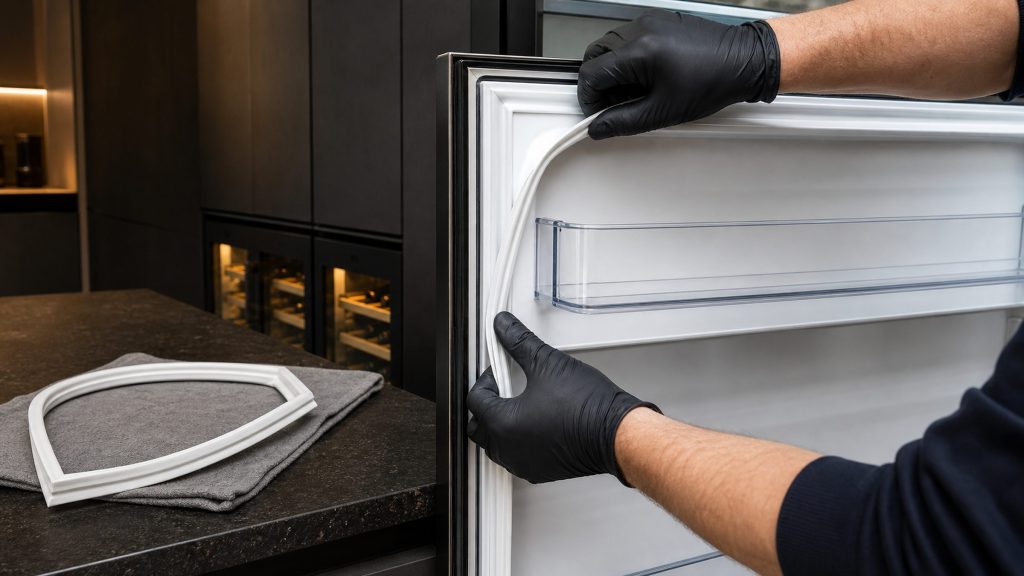 A technician's hands in nitrile gloves fitting a new white magnetic door gasket into the channel around a refrigerator door, the old seal lying on a folded cloth on the dark stone worktop beside it, near-black cabinetry behind, warm amber light