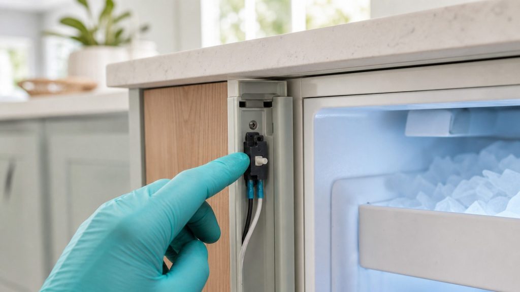 A gloved fingertip pressing the small plunger door switch in the frame of an open undercounter appliance, the switch body and its two wires clearly visible in the moulding, cold interior light behind.