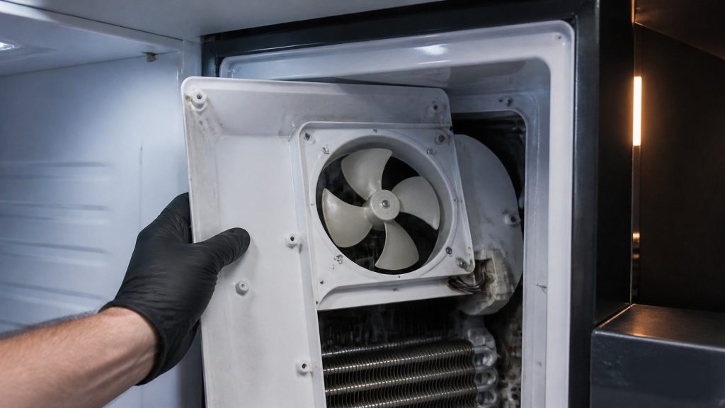 A close view of the rear interior panel of a freezer compartment removed to expose the evaporator fan and its blade, a gloved hand steadying the panel