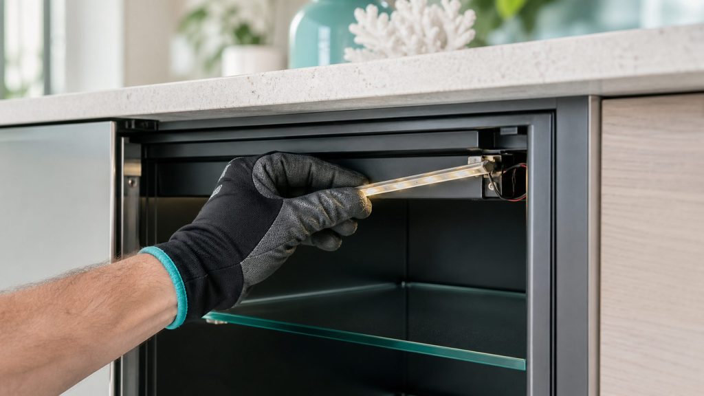 A gloved hand easing a small LED strip out of its channel at the top inside corner of a refrigerated cabinet, the strip lit and the rest of the compartment dark, empty glass shelf below.