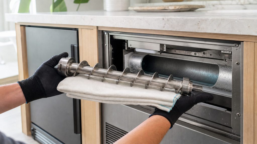 A long stainless auger screw drawn out of the freezing cylinder of an ice machine and held level in two gloved hands over a folded cloth, its spiral flight and the cylinder bore both in focus.