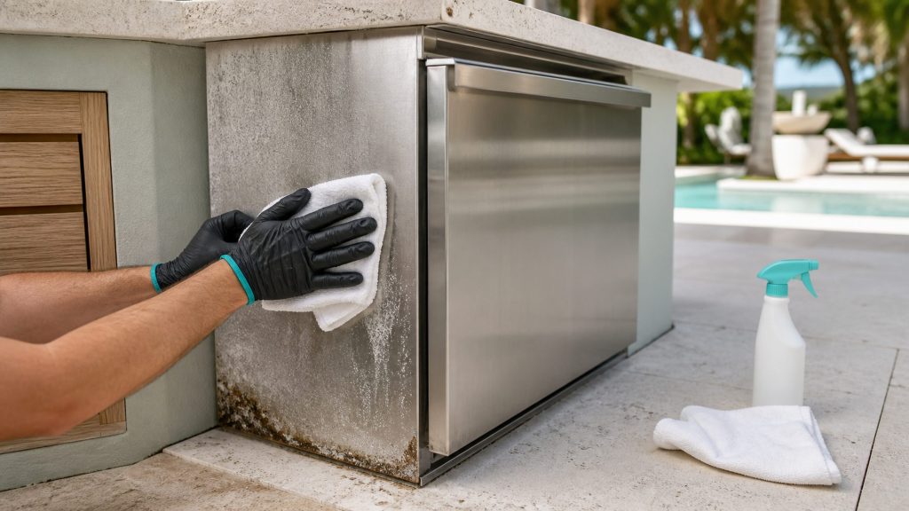 A technician's gloved hands wiping white salt bloom from the stainless flank of a built-under refrigerated cabinet on a sunlit poolside terrace, corrosion staining visible along the lower edge, a cloth and a spray bottle on the stone beside them.