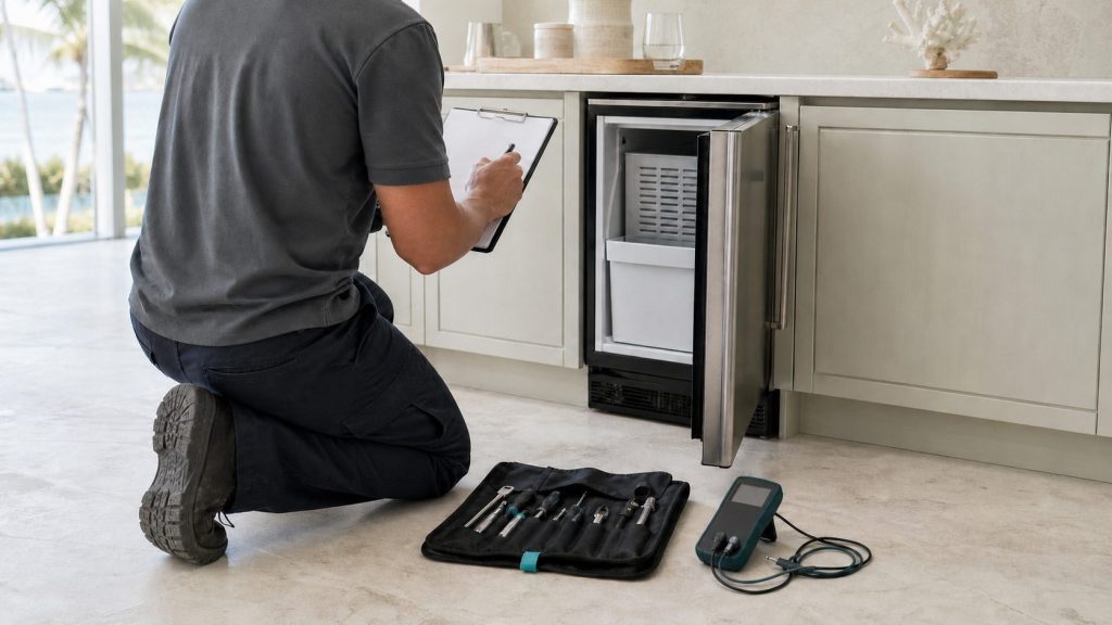 A technician kneeling at a run of pale cabinetry with the door of a built-under stainless cabinet open beside him, writing on a clipboard, a multimeter and an open tool roll on the floor, face turned away and out of frame.