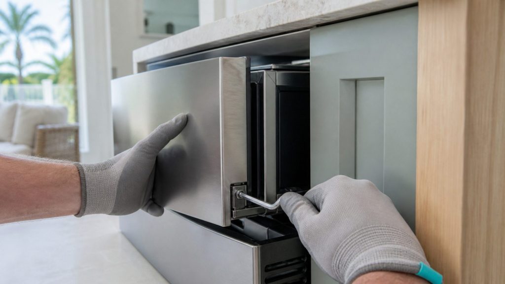 A gloved hand turning a hex key in the lower hinge of a built-under stainless door beneath a pale worktop, the door held slightly open with the other hand, close and low.