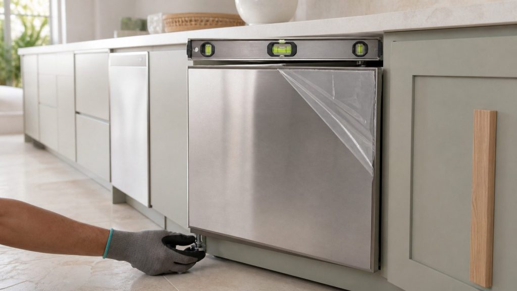 A spirit level lying across the top edge of a newly set built-under stainless cabinet in a pale kitchen run, its green bubble centred, a gloved hand on the adjustable foot below, protective film still on part of the door.