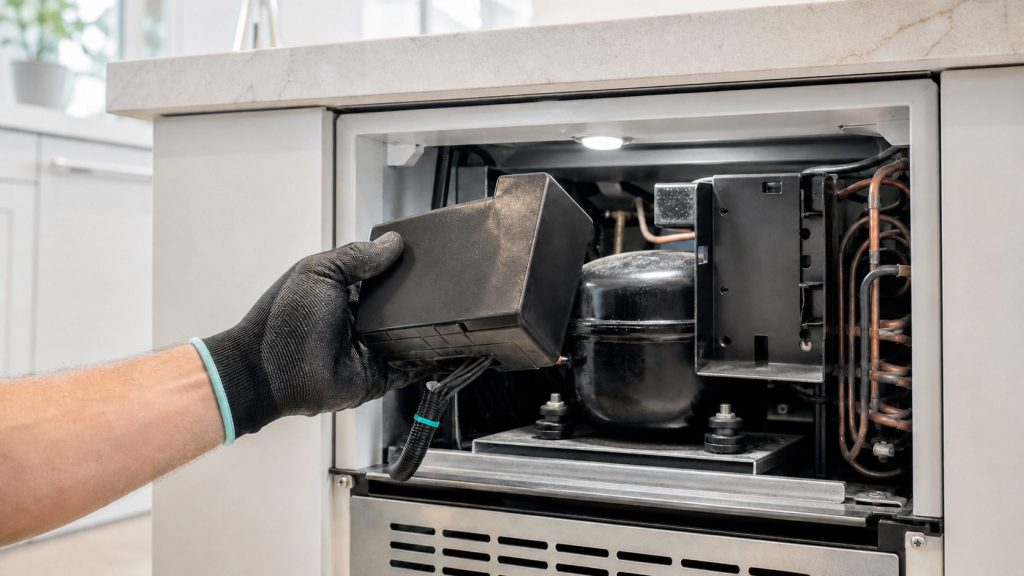 A small black inverter box unclipped from its bracket beside a compressor in the machine compartment of an undercounter cabinet, held in a gloved hand on its loom, the condenser tubing behind it, service light across the scene.