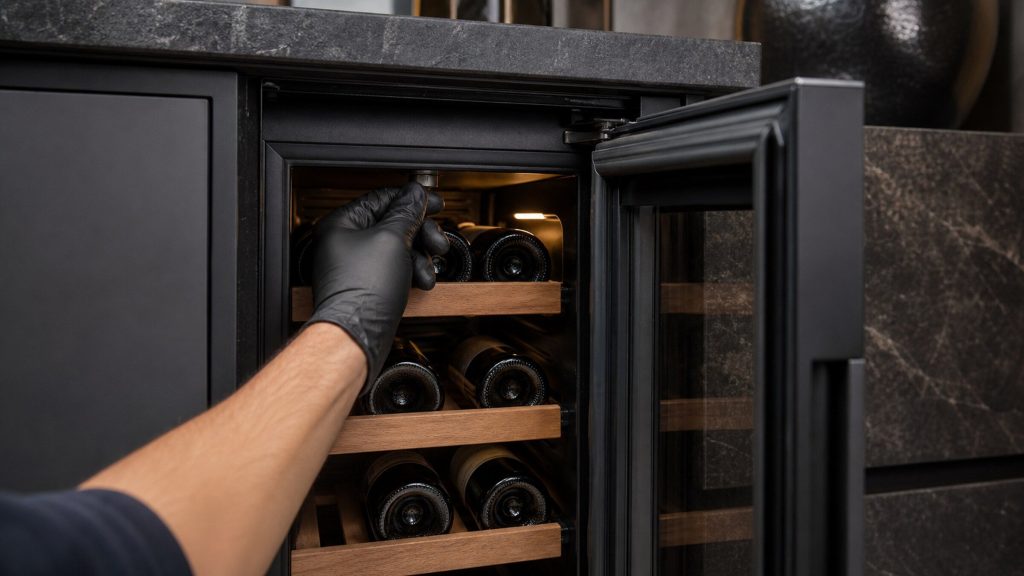 The open door of a built-in wine cooler cabinet with wooden shelf runners and bottles on their sides, a gloved hand adjusting a control at the top of the compartment