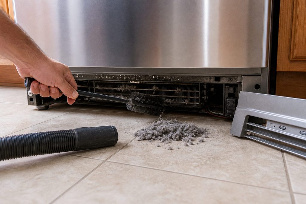 A long-handled coil brush being drawn between the condenser fins under the front of a refrigerator with the kickplate removed and propped alongside, a small heap of grey dust drawn out onto the tile and a vacuum hose waiting beside it