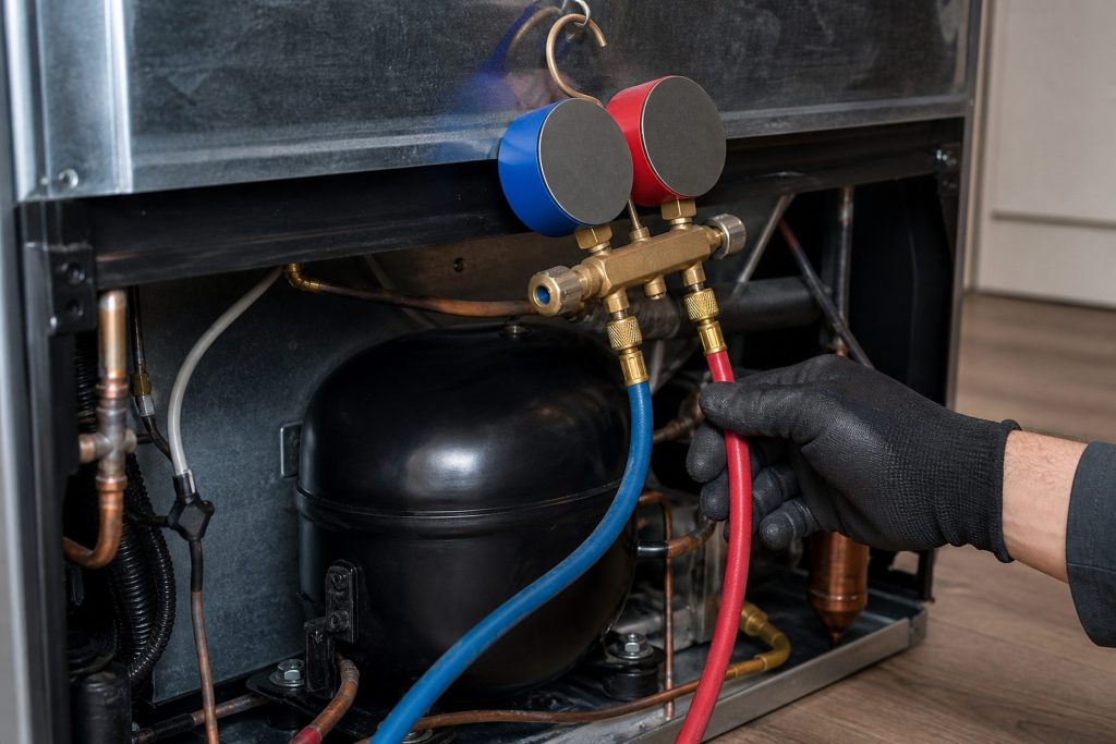 Manifold gauges connected to the compressor and lines at the back of a refrigerator