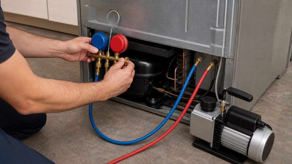 Manifold gauges and a vacuum pump connected to the sealed system at the back of an undercounter refrigeration cabinet, the compressor and condenser tubing exposed.