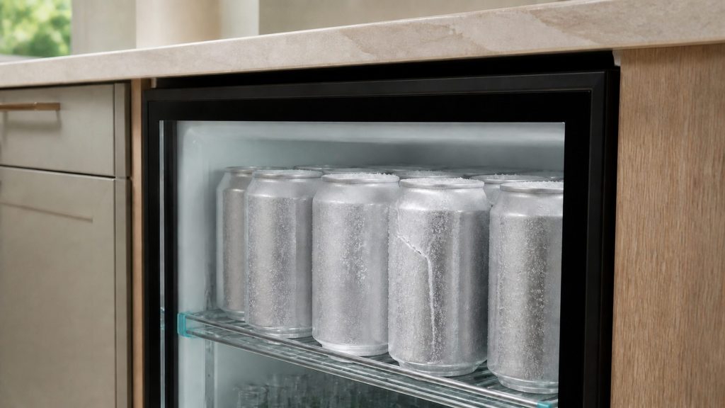 Cans standing on the lit shelf of a glass-fronted beverage cabinet with a rime of ice crystals across their tops and a burst seam on one of them, water frozen in a bead down its side.