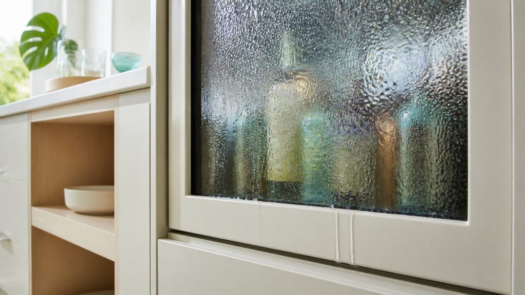 Heavy beads of water standing on the outside of a glass appliance door and running in two thin lines down onto the pale cabinet frame below it, the bottles behind the glass soft and out of focus.