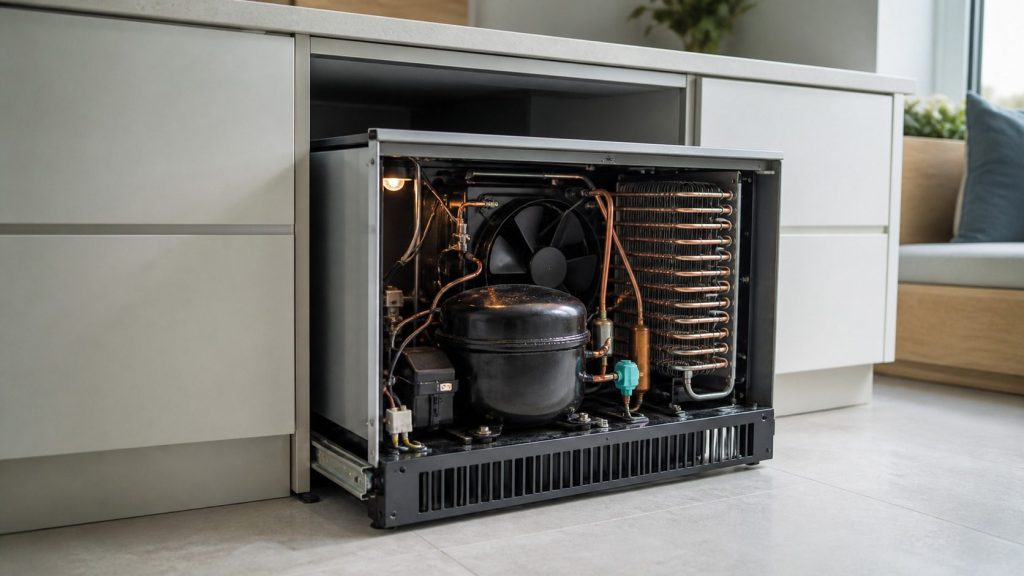 A compressor and its condenser tubing in the machine compartment of an undercounter cabinet, seen in a dim service light with the unit pulled forward, the fan blade caught still and the metal warm from running.