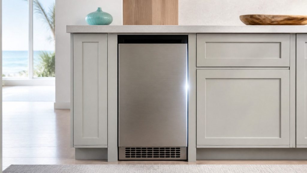 A narrow brushed stainless appliance front flush in pale cabinetry beneath a stone worktop, its control strip completely dark and unmarked, photographed straight on in a dim kitchen with one cold reflection along the edge.
