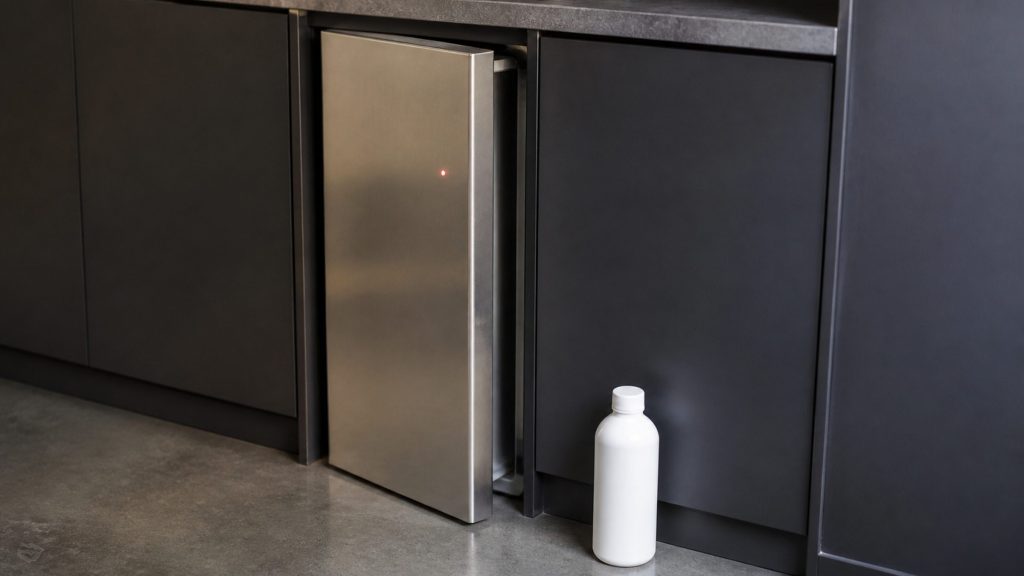 A narrow stainless door ajar in dark cabinetry with one small red light on the blank fascia, a plain white bottle on the floor beside it