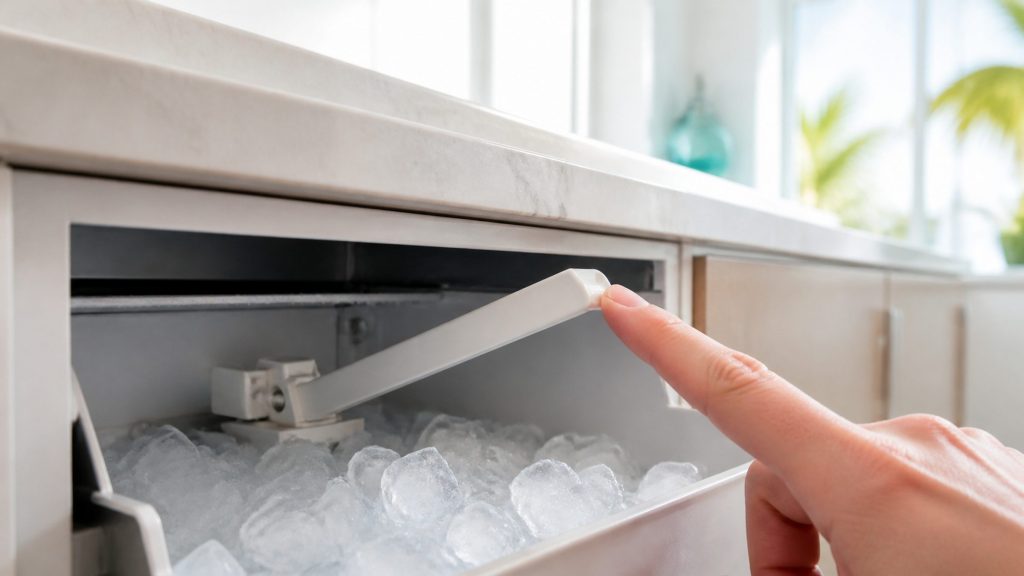 A close view of the white plastic bin-level sensor arm of an ice maker standing raised at an angle above a part-filled bin of cubes, a fingertip just touching it, shallow focus.