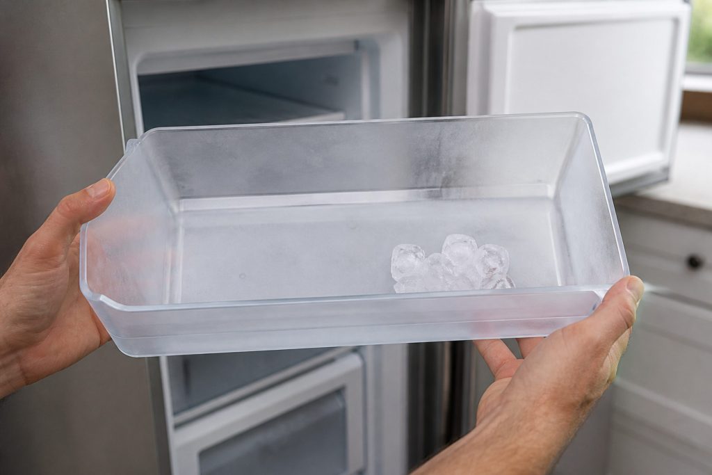 An empty ice bin pulled out and held level, a few loose cubes fused into a lump in one corner and the rest bare plastic