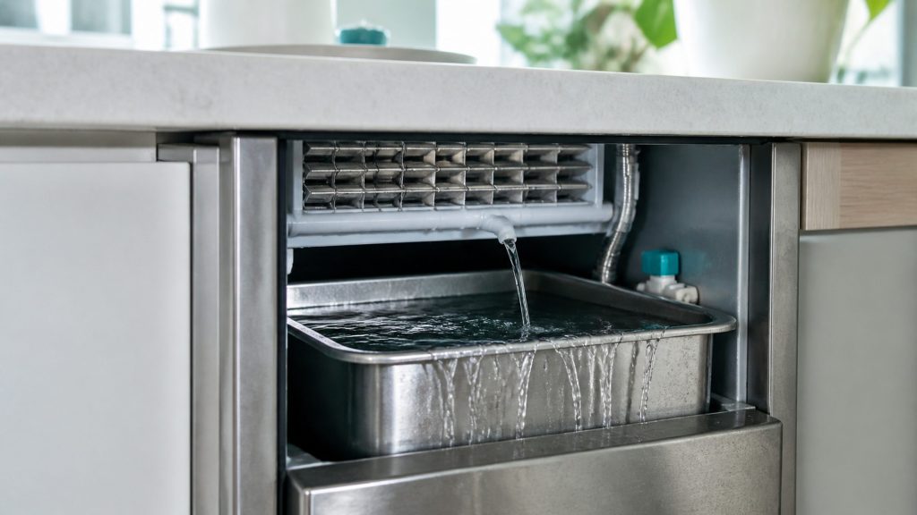 A thin clear stream of water running continuously into the overfull water trough of an ice machine and spilling over its lip, the evaporator grid above, cold light across the stainless.