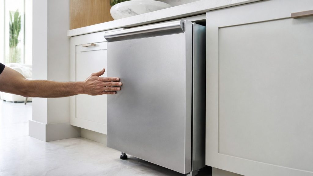 A built-under stainless cabinet standing pulled slightly forward from its opening in a pale run, a hand flat against its side panel, the adjustable foot and the dark gap behind it visible at floor level.