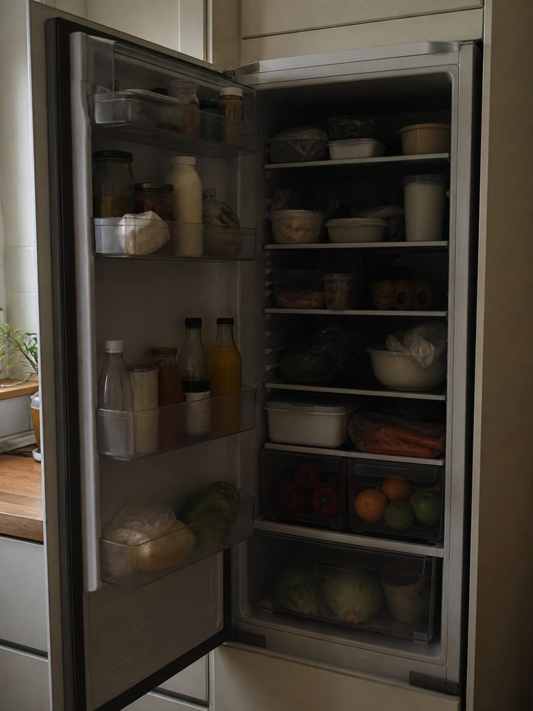 An open refrigerator standing dark inside, full of food, lit only by kitchen light spilling in from the left so most of the interior is in shadow