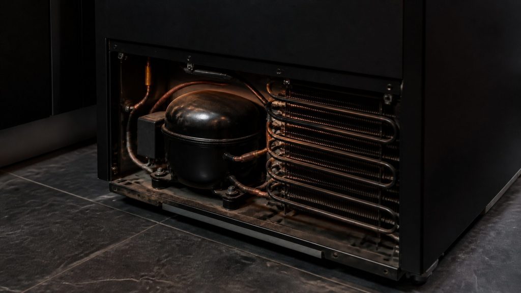 A refrigeration compressor and condenser tubing at the back of a cabinet, warm from running, seen in a dim service light with the cabinet pulled forward