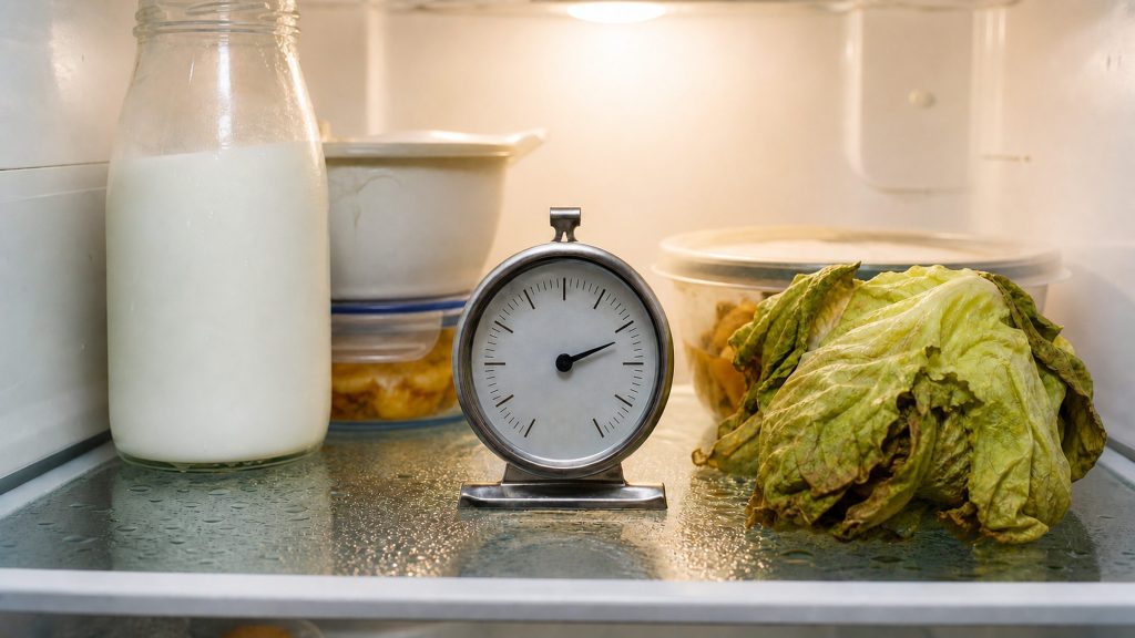 The lit interior of a refrigerator: a bottle of separated milk, covered dishes, a limp lettuce, a dial thermometer in the middle, water beaded on the shelf