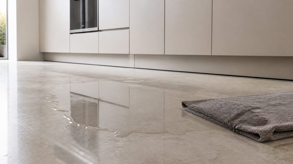 Floor-level view along a fitted kitchen: standing water reaching out from under the plinth line, reflecting the cabinet fronts, a gray towel laid at the edge of the spill