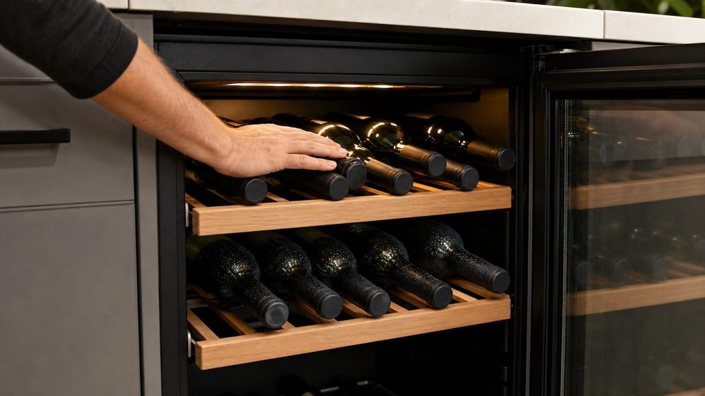 An undercounter wine cabinet with its glass door open and two wooden shelves drawn out — the upper bottles dry and warm-lit, the lower ones running with condensation